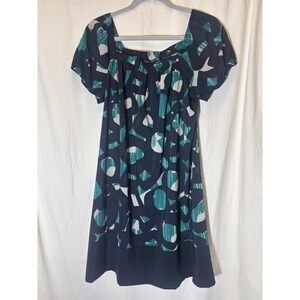 Daisy Fuentes Womens Elastic Square Neck Short Sleeve‎ Green Black Dress L. HH8